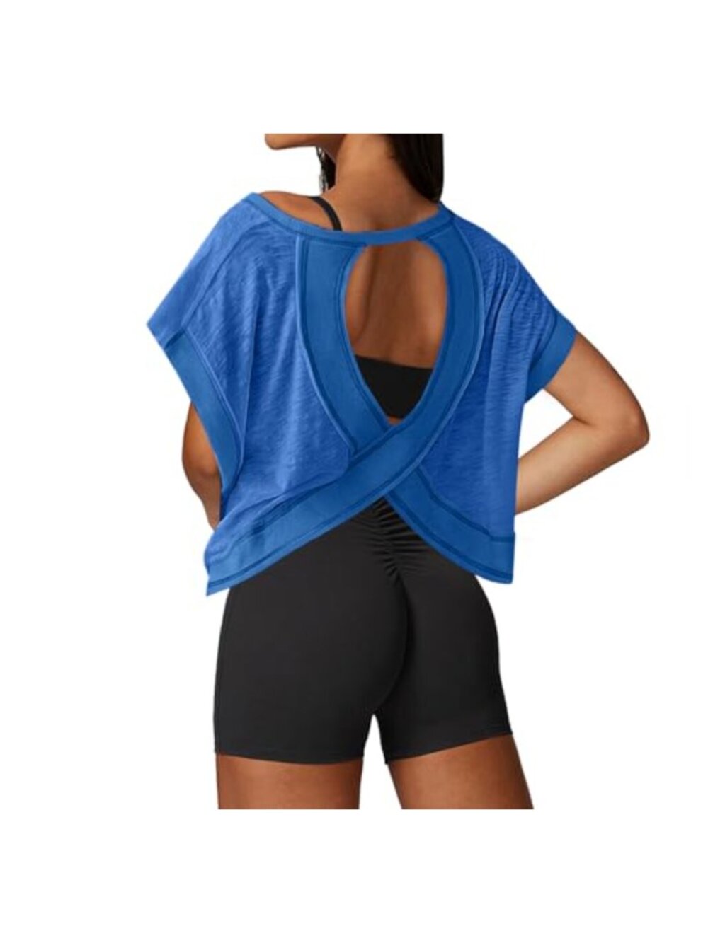 Open Back Workout Crop Top Loose Fit Short Sleeve Athletic Gym Yoga Shirt